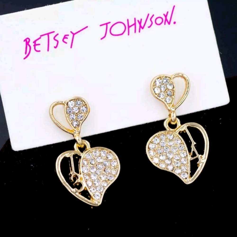 New Betsey Johnson Rare Alloy Rhinestone Golden Love Heart Drop Earring